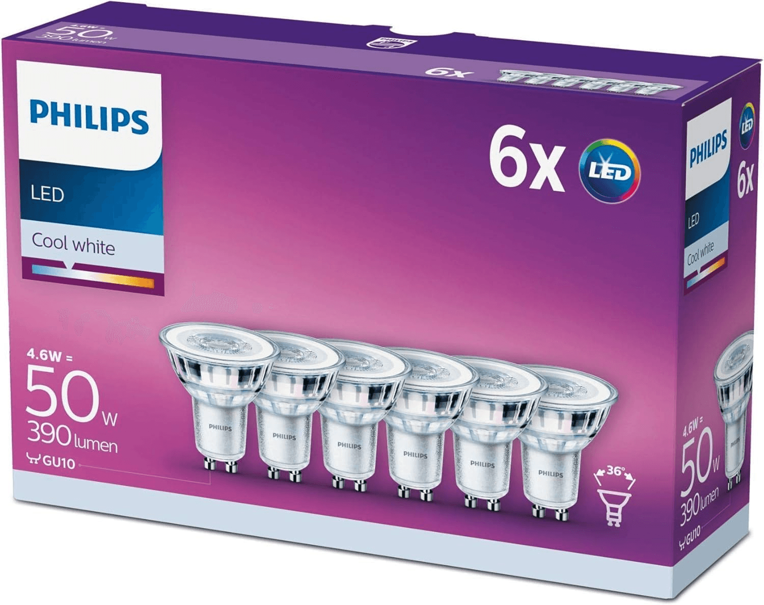 Philips ▫️ Lâmpada LED de cristal 50W GU10, luz branca fria, abertura de 36°, não regulável, embalagem com 6 unidades [Classe de eficiência energética F
