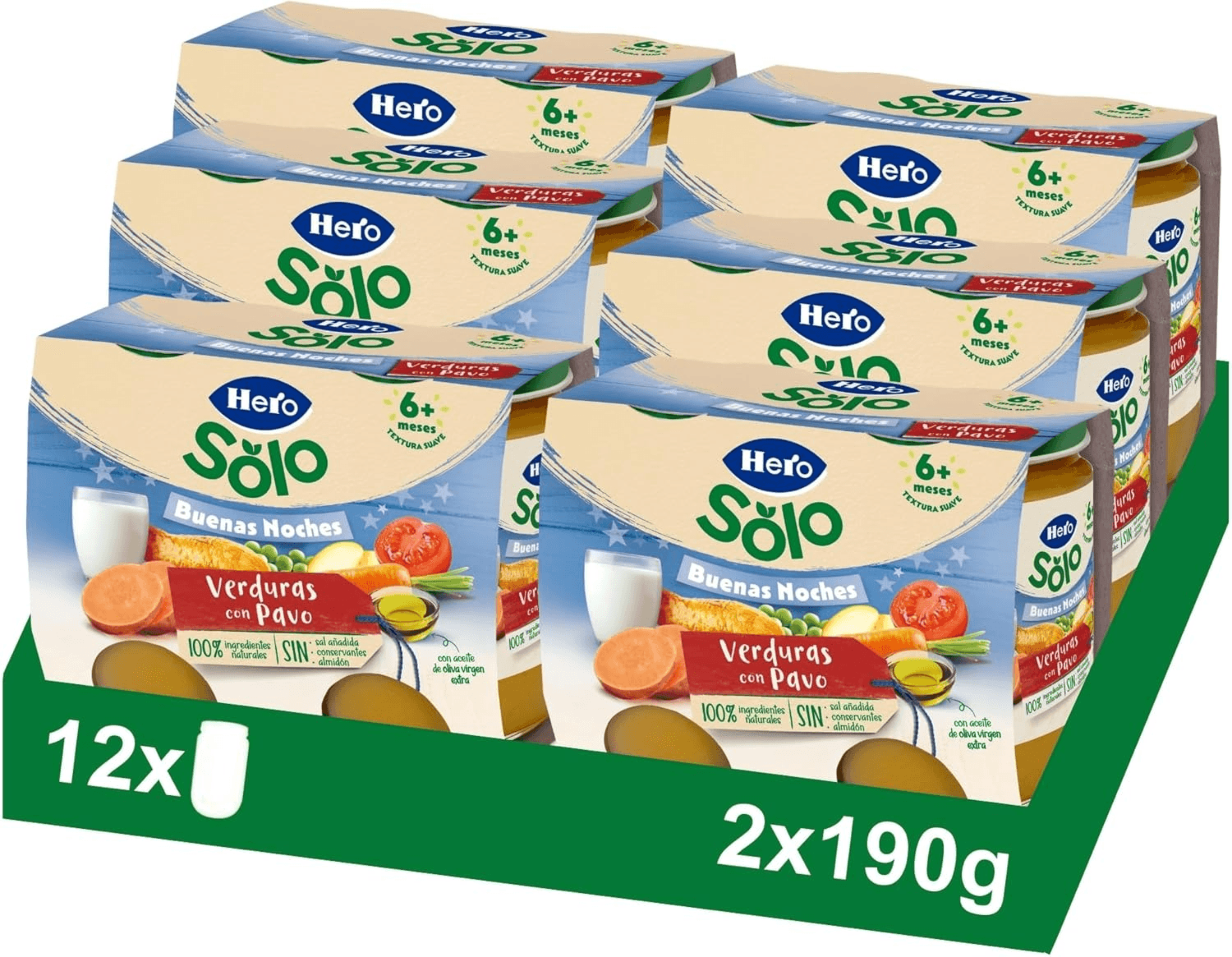 Hero Baby ▫️ Buenas Noches - Tarteletes de ervilhas com fiambre cozido, sem adição de sal, sem amido, sem óleo de palma, ingredientes 100% naturais, 6 embalagens de 2x190gr