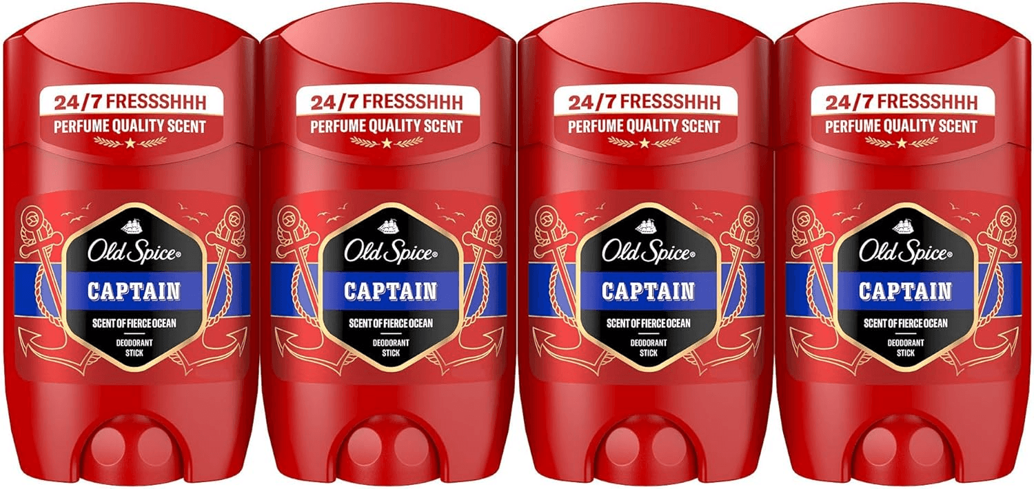 Old Spice ▫️ Captain Men's Deodorant Stick 4x50 ml, frescura 24 horas, uso diário, fragrância duradoura, proteção contra odores, 0% sais de alumínio