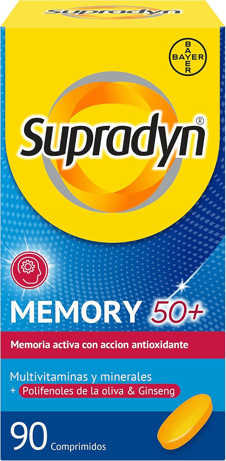 Supradyn ▫️ Memory 50+ Multivitaminas para a Memória e Concentração, Vitaminas, Vitamina C, Minerais, Ginseng, Zinco, Sem Glúten, Sem Lactose, Laranja, Amarelo, 90 Comprimidos