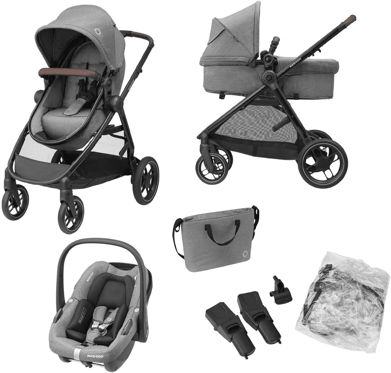 Maxi-Cosi ▫️ Carrinho de bebé Zelia S Trio de 3 peças, 0 - 4 anos, até 22 kg, dobrável, compacto, reclinável, com cadeira auto CabrioFix S i-Size, acessórios, saco para mudar fraldas, cinzento