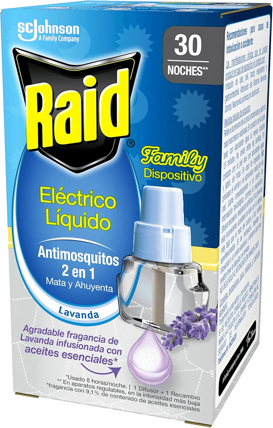 Raid ▫️ Electric Refill Liquid Family Lavender 30 noites - Carregador para dispositivo de encaixe 2 em 1 repelente de mosquitos e mosquitos-tigre, mata e repele, fragrância de lavanda