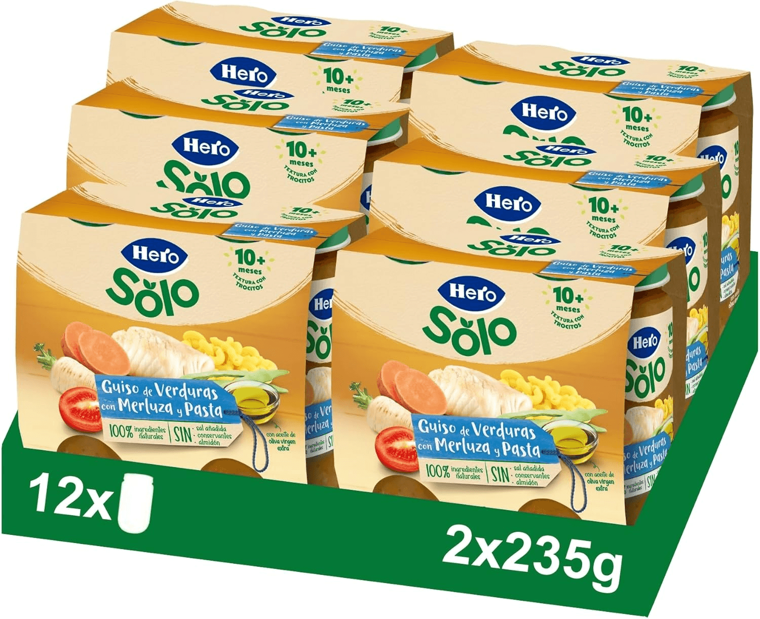 Solo ▫️ Hero Baby - Frascos de guisado de legumes com pescada em cubos, sem adição de sal, sem amido, sem óleo de palma, ingredientes 100% naturais, para bebés a partir dos 10 meses, 6 embalagens de 2x235g