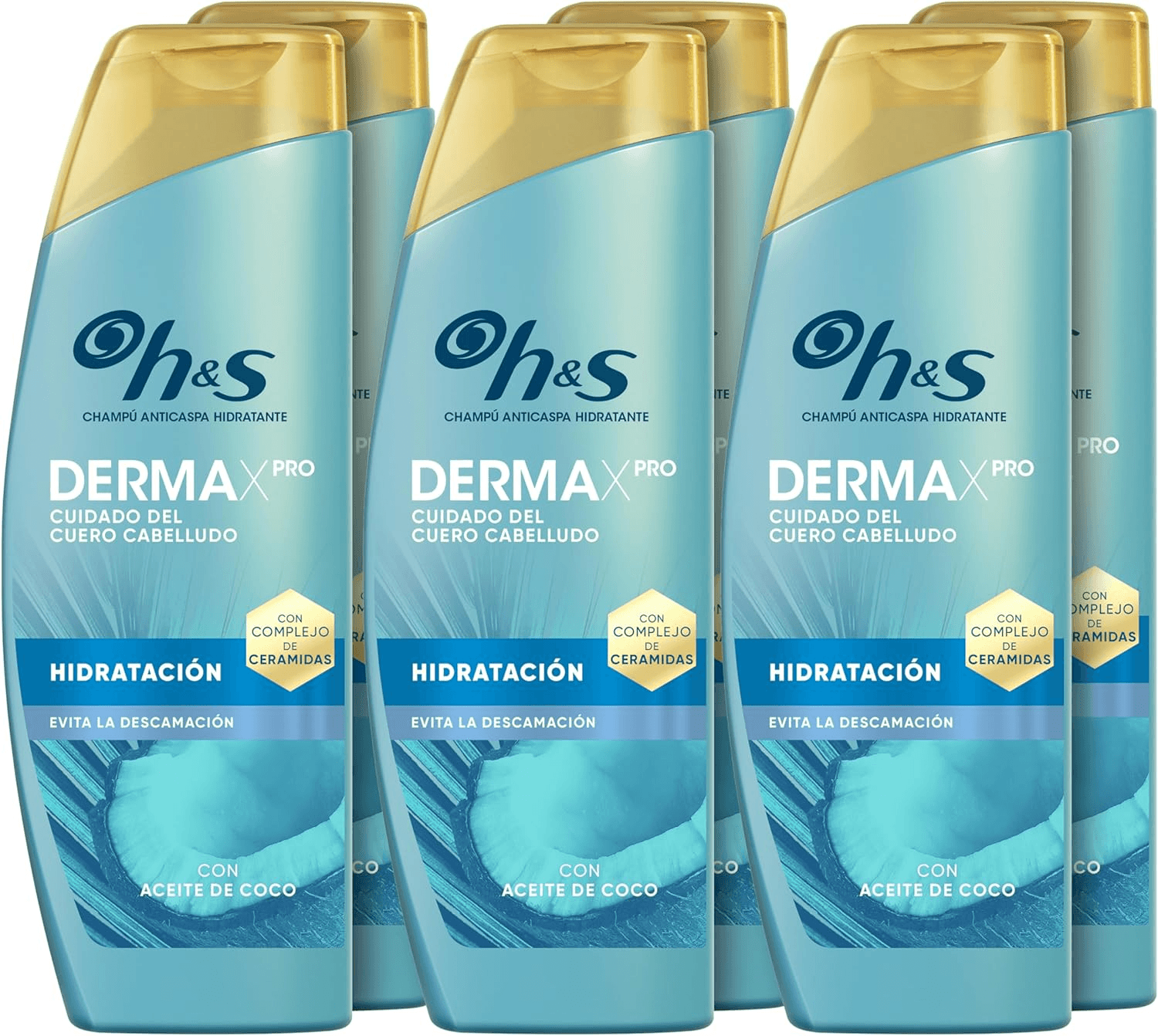 h&s ▫️ DermaXPro Hidratante. Champô Anti-Caspa 6x300ml com Óleo de Coco e Complexo de Ceramidas para Couro Cabeludo Seco. Ajuda a reforçar a barreira cutânea com 72 horas de hidratação.