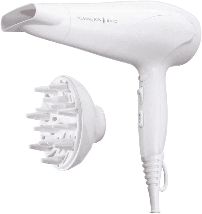 Remington ▫️ Secador de cabelo Ionic Dry 2200, Iónico, Cabelo sem frisado, 2200 W, Concentrador e Difusor, 3 Temperaturas, 2 Velocidades, Grelha traseira amovível, Gancho, Branco, D3199