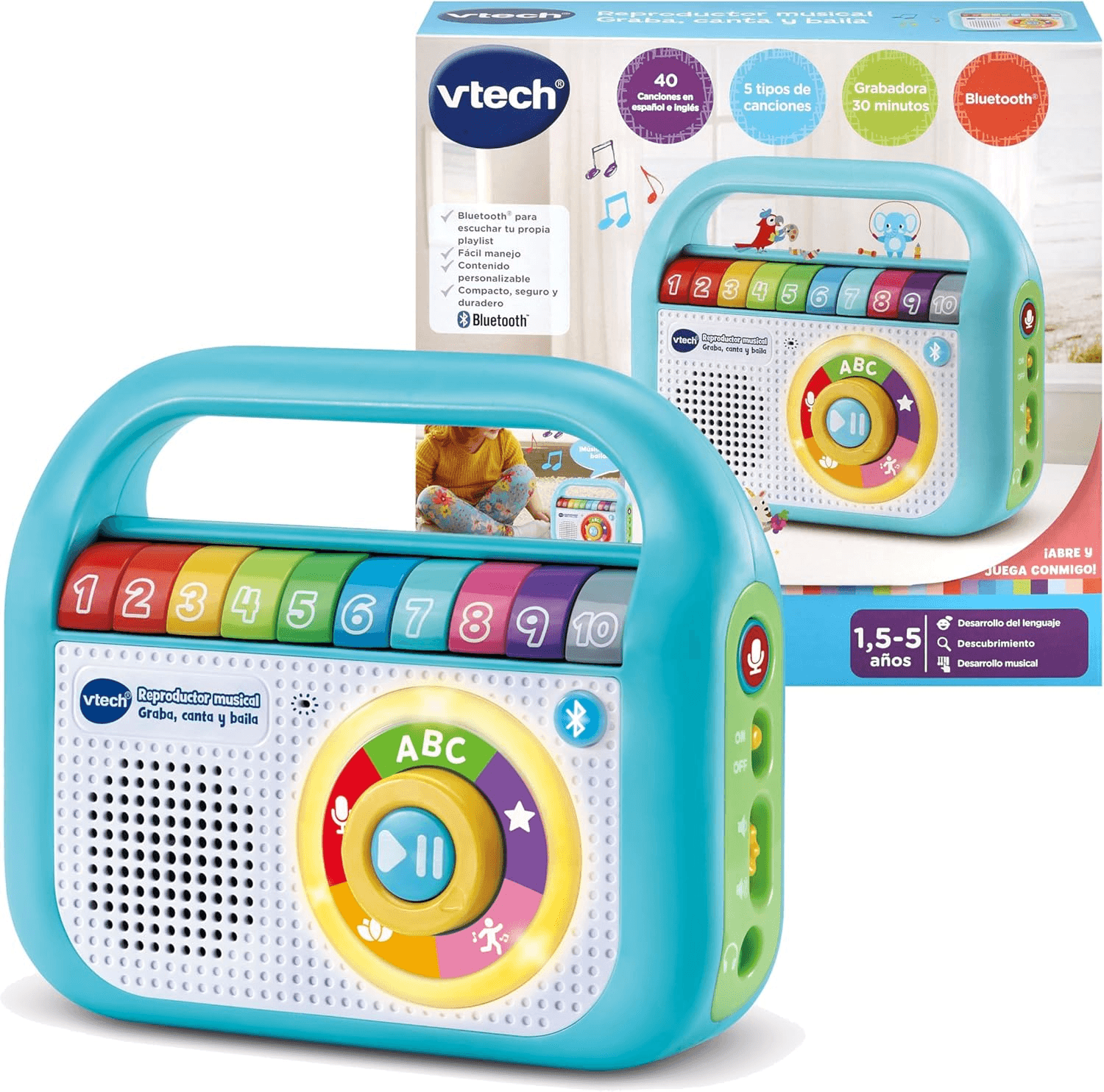 VTech ▫️ Baby Music Player Gravar, Cantar e Dançar, Rádio Infantil Bluetooth, Gravador, Brinquedo para Crianças +1,5 anos, Versão ESP