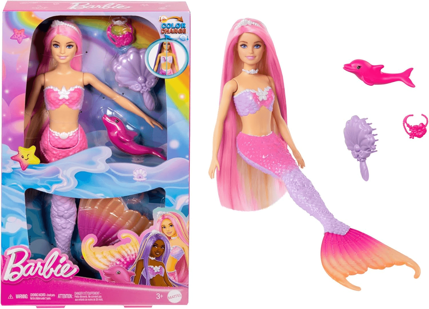 Barbie ▫️ Boneca Boneca sereia Malibu que muda de cor com a água com acessórios de moda e golfinho, série Um Toque de Magia, brinquedo +3 anos (Mattel HRP97)