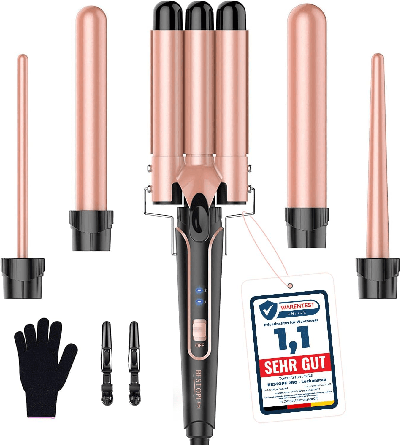 BESTOPE PRO ▫️ Conjunto de ferro ondulante 5 em 1 : possui 3 cilindros de cerâmica para criar ondas grandes, incluindo uma regulação da temperatura, aquecimento rápido e uma luva, 2 clipes, ouro rosa