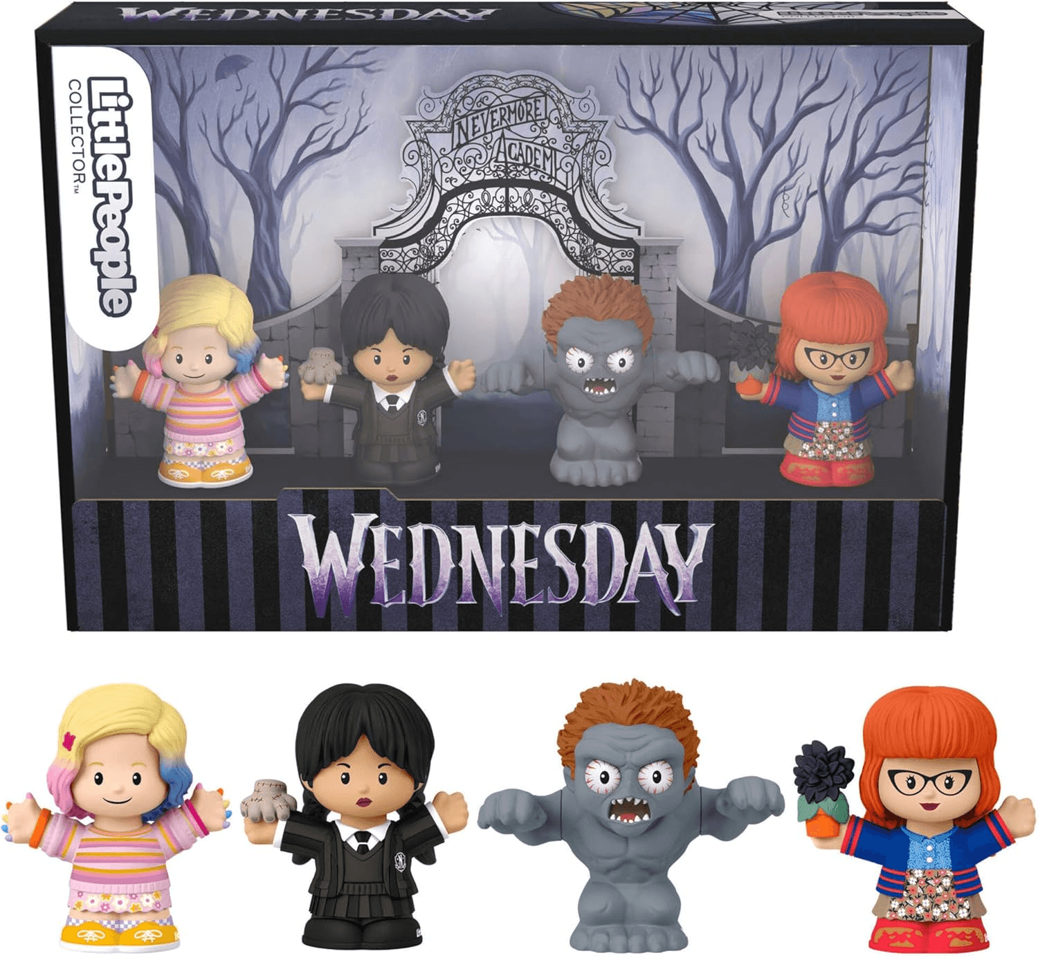 Little People COLLECTOR ▫️ Wednesday, Pack 4 figuras pequenas (Wednesday, Enid, Marilyn e Hyde) inspiradas na série de TV, brinquedo de coleção para adultos e fãs, +14 anos, HWX46