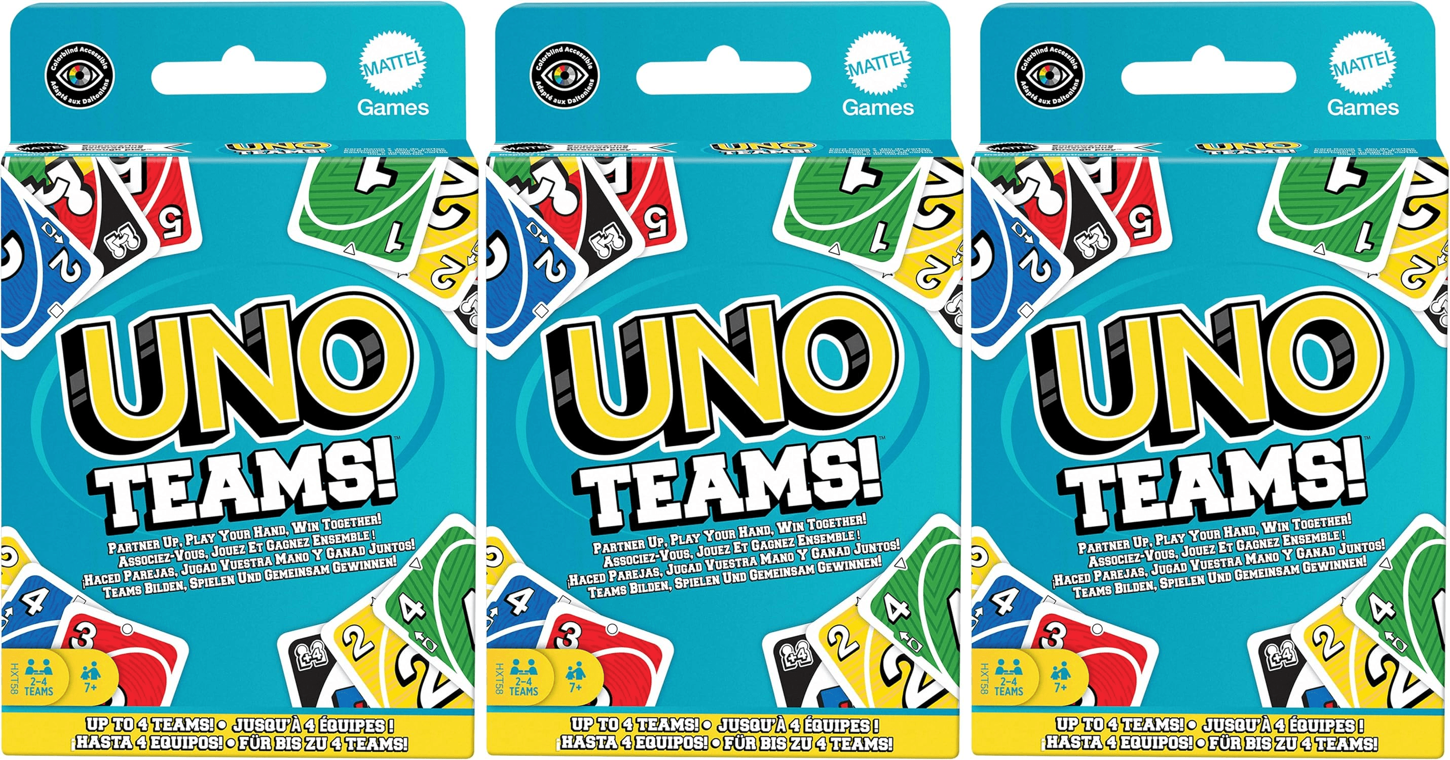 UNO ▫️ Mattel Games Teams Jogo de cartas para noites de jogos, viagens, acampamentos e festas, para jogadores com mais de 7 anos em até quatro equipas, cartas daltónicas, HXT58