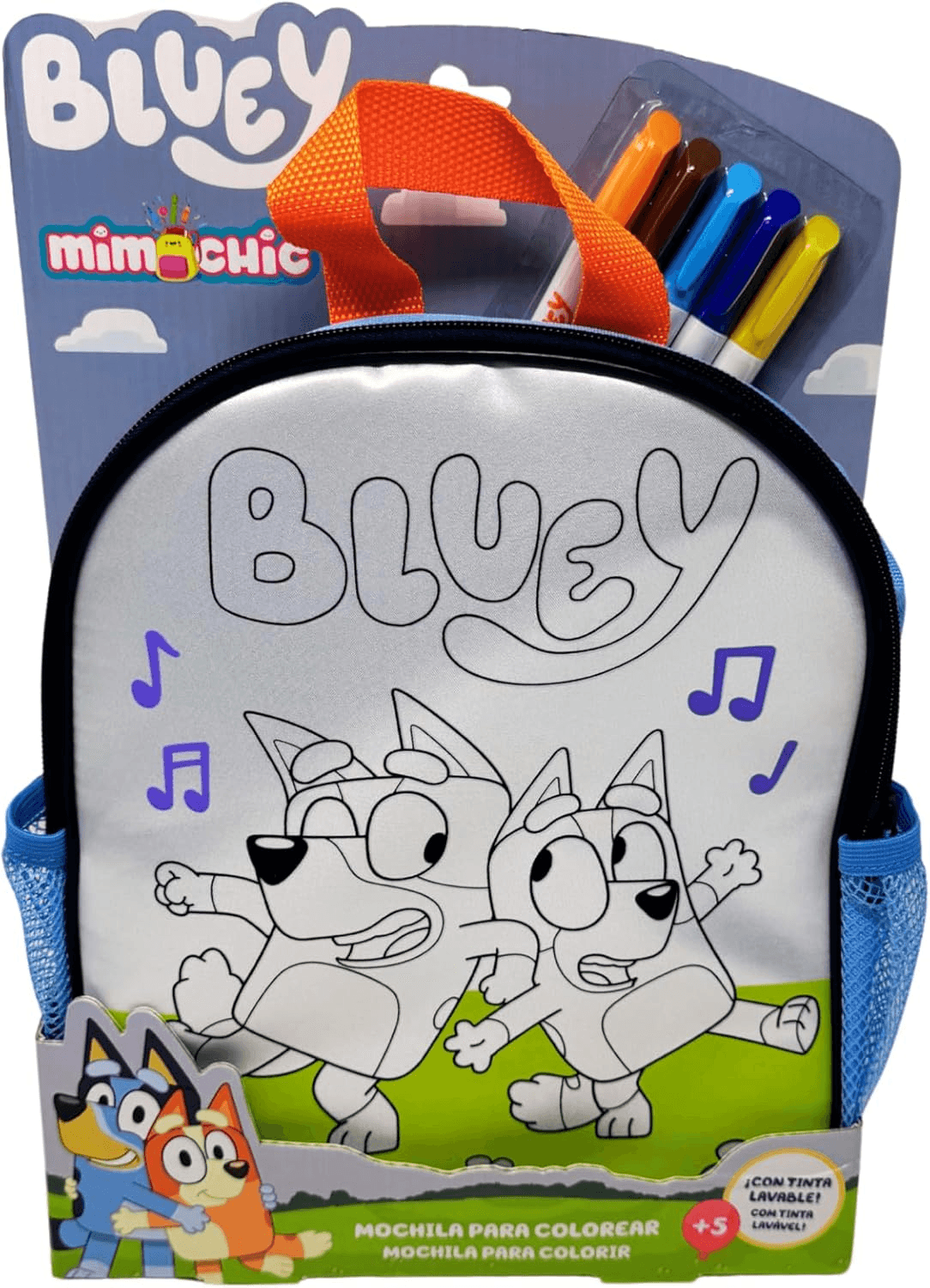 Cefa Toys ▫️ Mimochic Bluey mochila para colorir, lavável, 5 marcadores. Adequado para crianças a partir dos 5 anos.