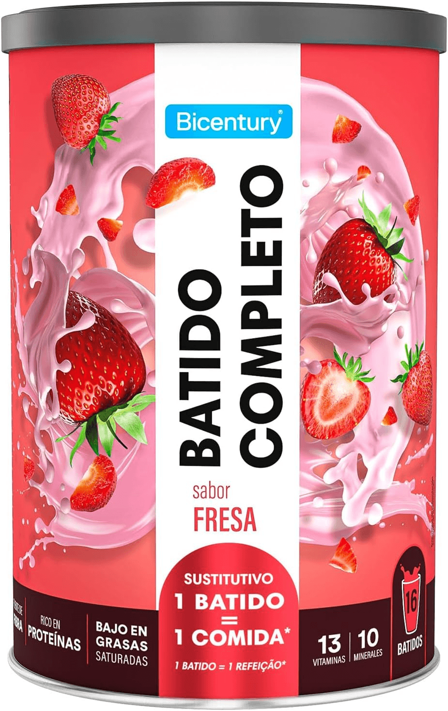 Bicentury ▫️ Complete Meal Replacement Shake Strawberry Flavour, High Protein, Low Fat, Um batido equivale a uma refeição completa, 436 g, 16 porções