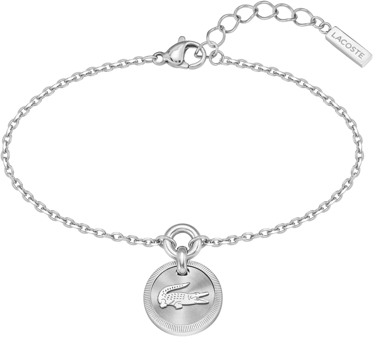 Lacoste ▫️ Jewelry Women's MEMENTO Collection Colar, Pulseira ou Brincos com Botão em Aço Inoxidável com Pingente Gravado em Crocodilo