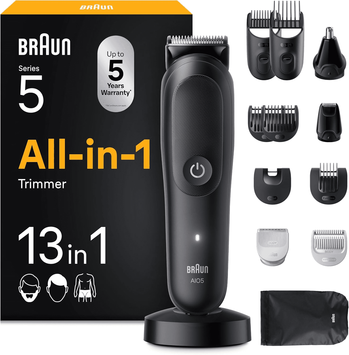 Braun ▫️ All-In-One Trimmer Series 5 AIO5565, 13in1 Styling Kit Para Barba, Cabelo, Orelhas, Nariz e Corpo, 120 Min, Aparador de Cabelo para Homem com Lâmina Ultra Afiada, Aparagem Precisa e Eficiente, Preto
