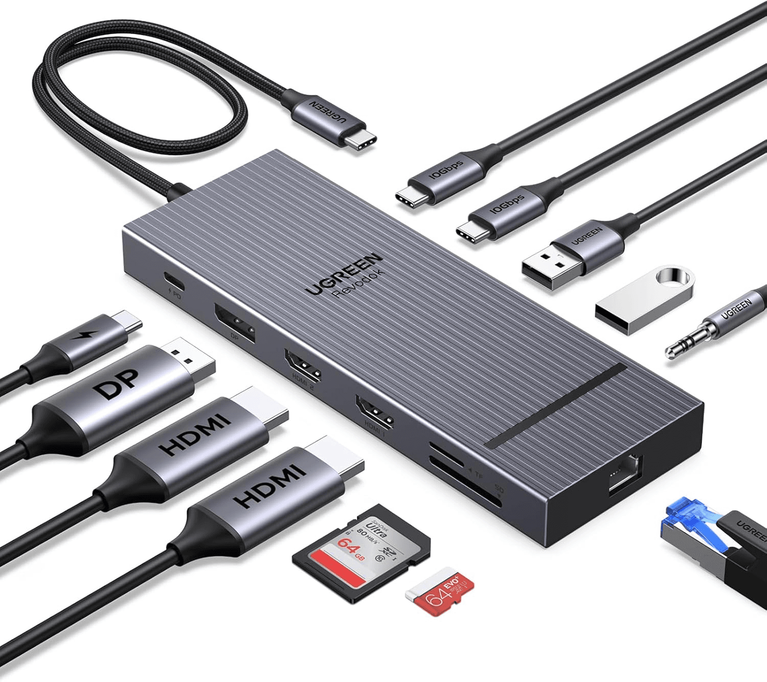 UGREEN ▫️ Revodok Pro 3121 10Gbps USB C Hub Dual HDMI 4K60Hz DisplayPort 4K120Hz 12 em 1 Estação de ancoragem USB C PD 100W Adaptador Ethernet Leitor de cartão SD Leitor de cartão TF Ficha de 3,5 mm