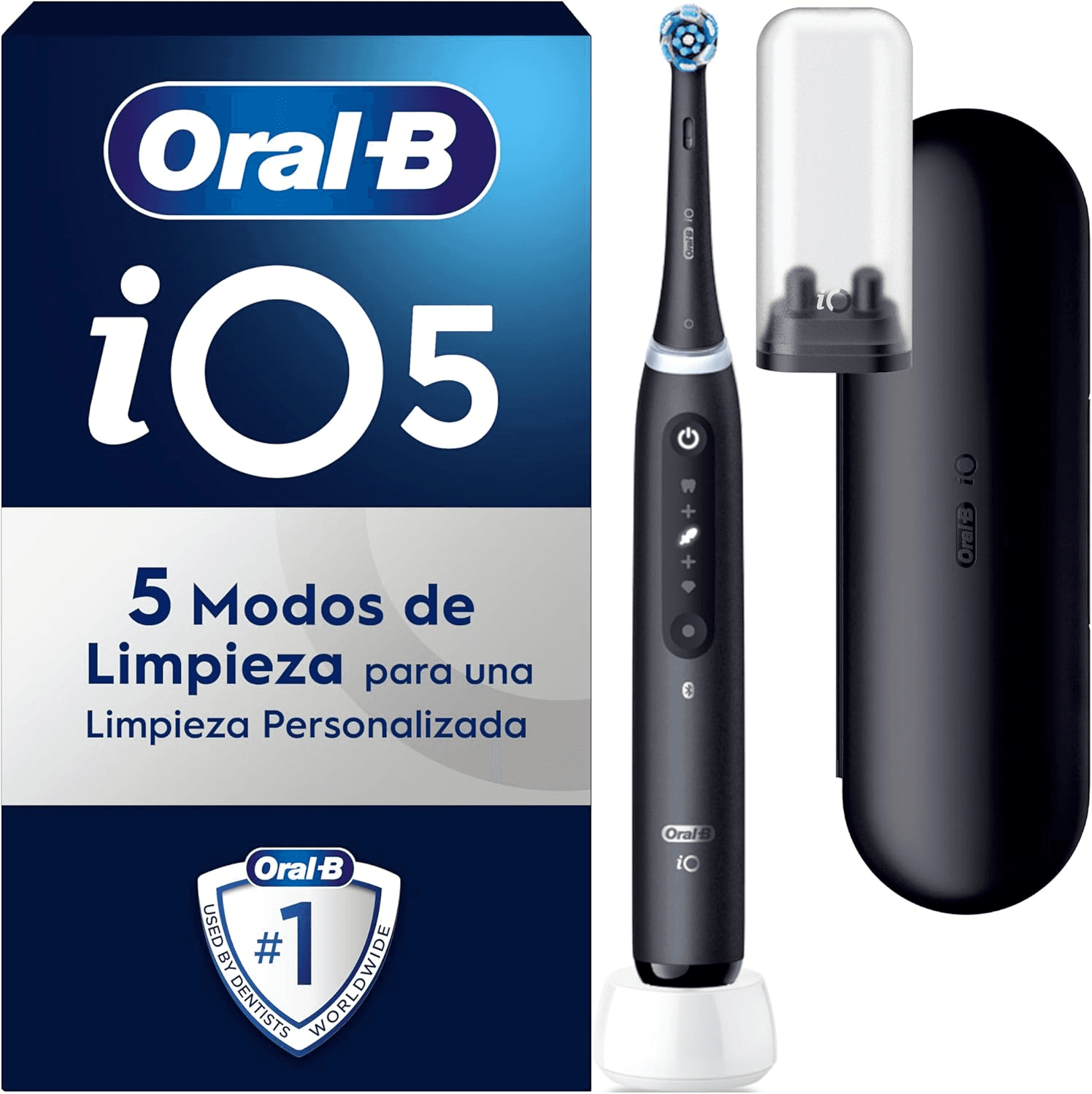 Oral-B ▫️ iO 5 Black Electric Toothbrush With 1 Brush Head and 1 Travel Case, 5 Brushing Modes With Teeth Whitening, Pressure Sensor and Timer, Designed by Braun
