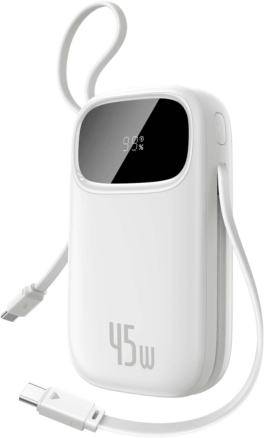 Baseus ▫️ Powerbank 45W 20000mAh com 2 cabos USB-C incorporados, Power Bank PD3,0 QC4,0 Baterias externas de carregamento rápido, 3C 1A, Carregador portátil para iPhone 16/15/14 Pro MAX, Samsung, Branco