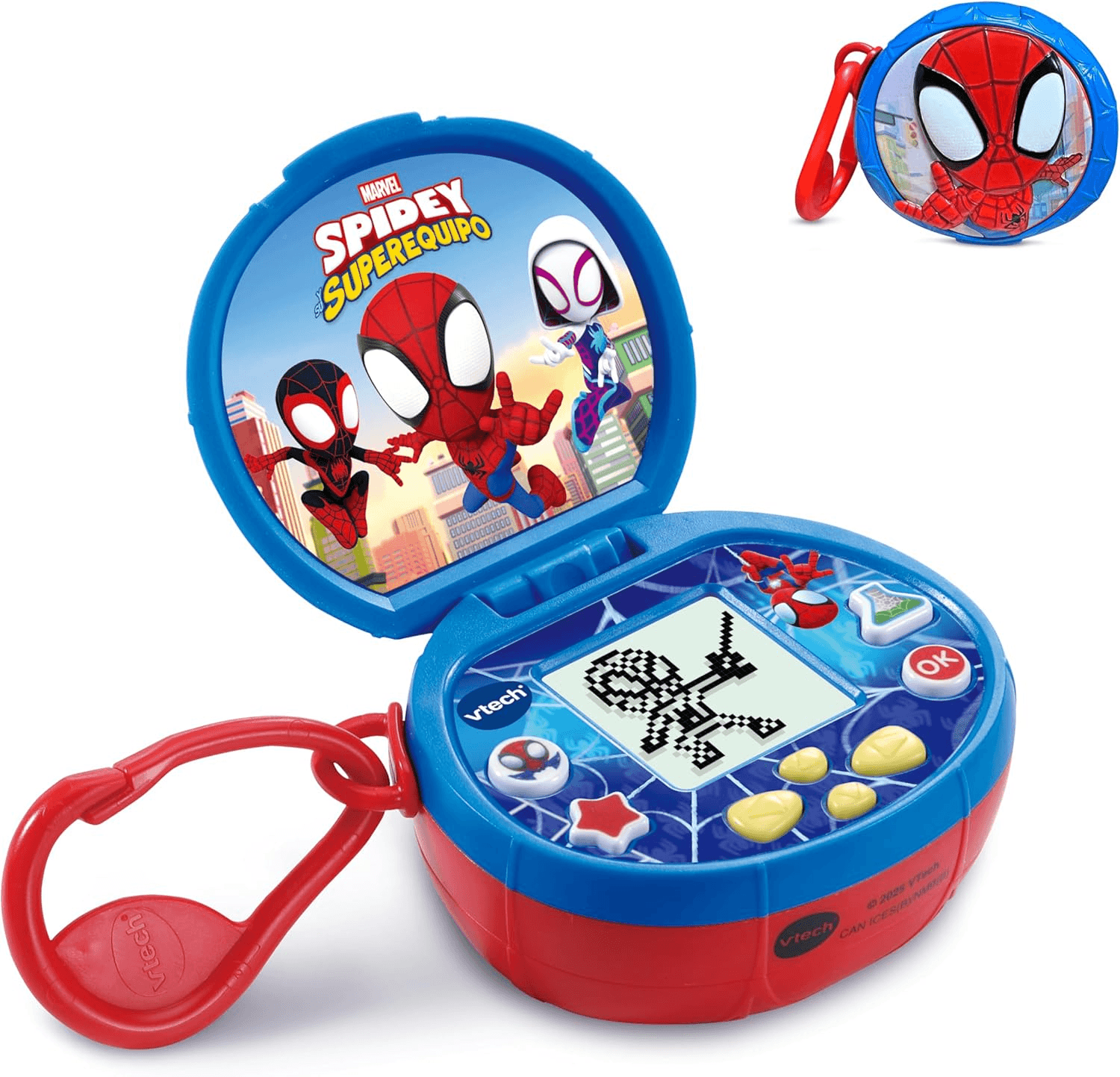 VTech ▫️ Consola de bolso mágica Spidey Mini, brinquedos electrónicos para crianças com mais de 3 anos, visor retroiluminado, mosquetão, mini jogos de lógica e números, relógio e alarme, versão ESP