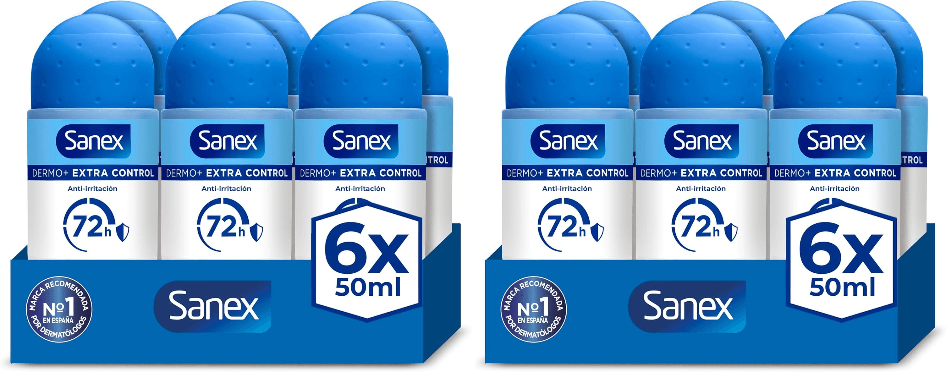 Sanex ▫️ Dermo+ Extra Control Desodorizante Antitranspirante Roll-On 72 Horas 6x50 ml - proteção eficaz contra o suor e o odor - dermatologicamente testado - contém 0% de álcool*.