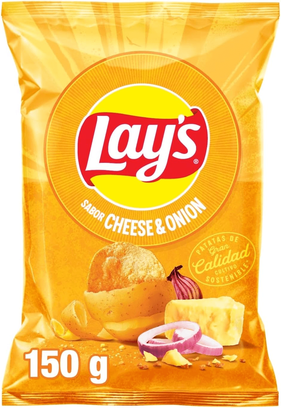 Lay's ▫️ Cheese & Onion, Batatas fritas com sabor a queijo e cebola cultivadas de forma sustentável, Snack, embalagem individual, 150 g