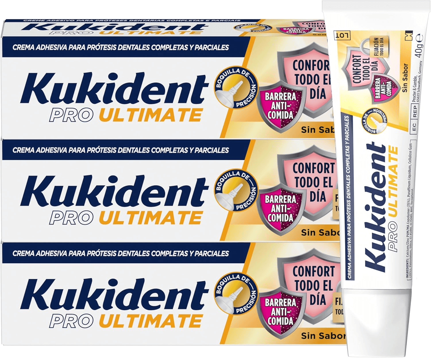 Kukident ▫️ Pro Ultimate Creme Adesivo Para Dentaduras Completas e Parciais Sem Sabor - 3x40 g