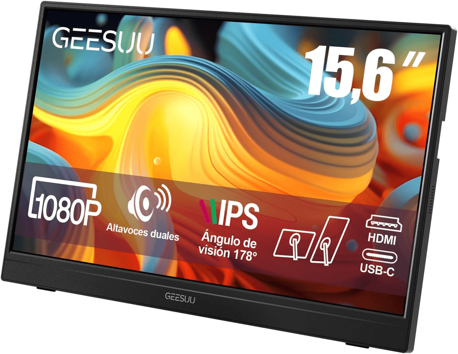 GEESUU ▫️ Monitor para computador portátil de 15,6 polegadas, ecrã de computador IPS, segundo ecrã para PC de 60 Hz com altifalantes incorporados, suporte giratório de 90°, HDMI/USB-C/Tipo C