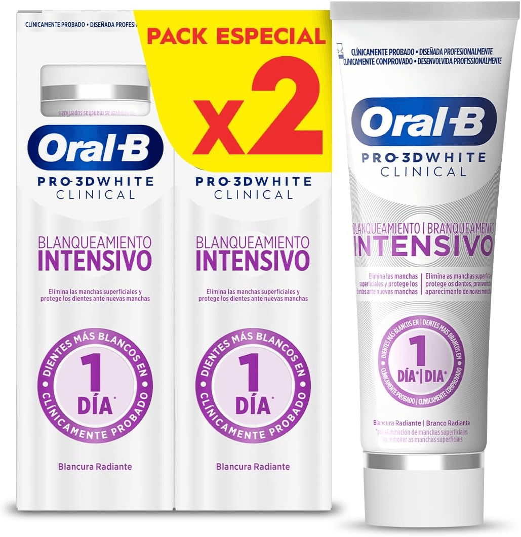 Oral-B ▫️ Pro 3D White Clinical Intensive Whitening Pasta de dentes branqueadora, remove as manchas superficiais, pasta de dentes branqueadora com sabor a menta verde, 75 ml (embalagem de 2)