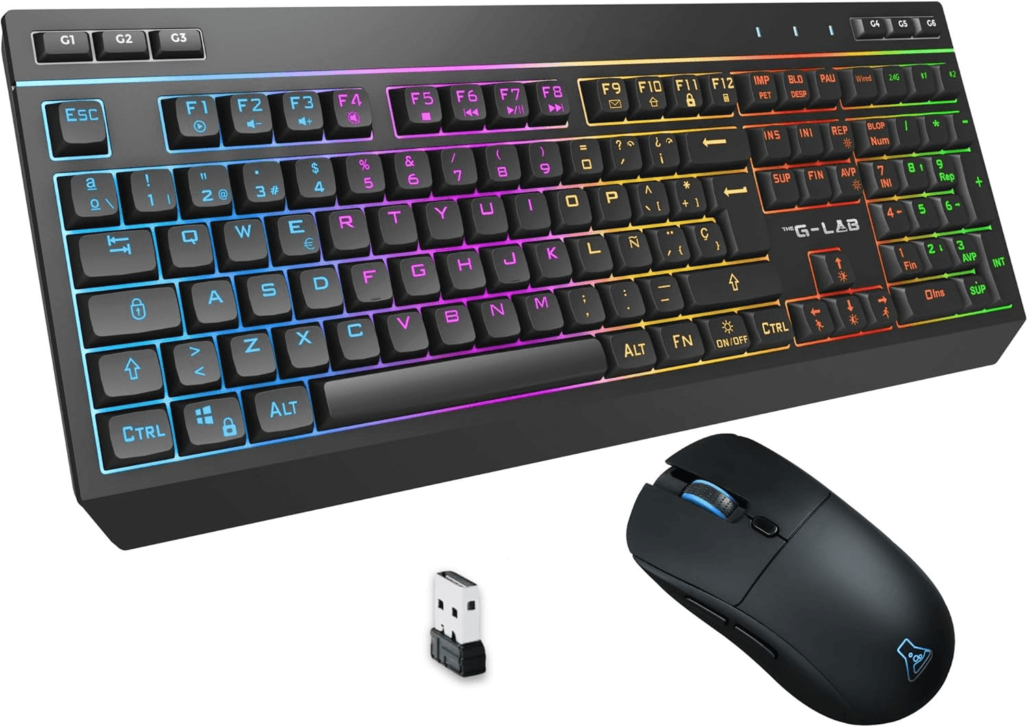 The G-Lab ▫️ Combo Tungsten EX - Teclado e rato sem fios para jogos - Ligação tripla 2,4GHz / BT/Cabo - Teclado QWERTY espanhol sem fios - RGB e Macro - Rato 6400 dpi - PC/PS4/PS5