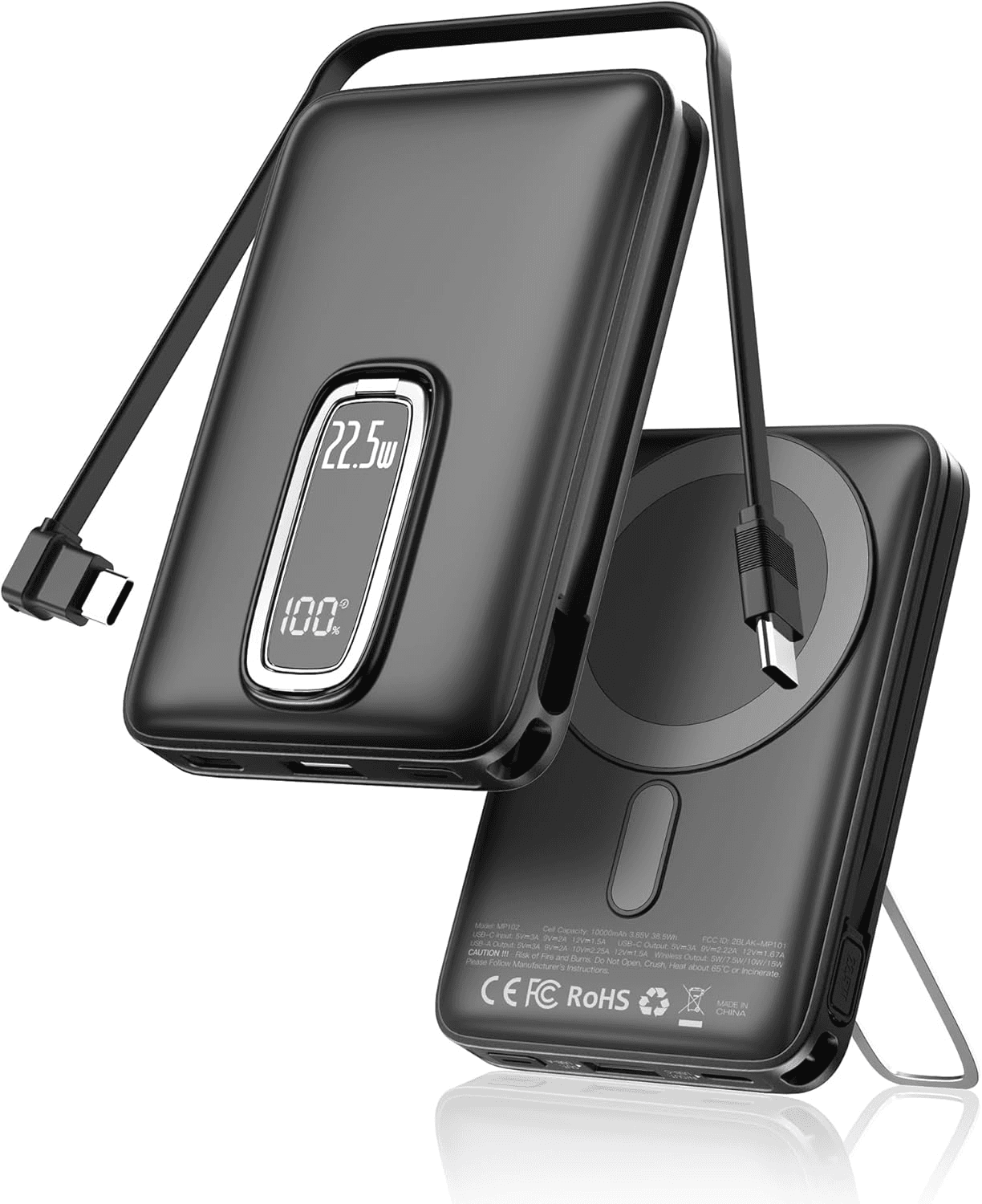 Nllosa ▫️ 2026 para Magsafe Power Bank com suporte, bateria externa magnética, carregamento rápido de 10000mAh com cabo USB-C incorporado, bateria portátil sem fios para iPhone 17 16 15 14 13 12(preto)