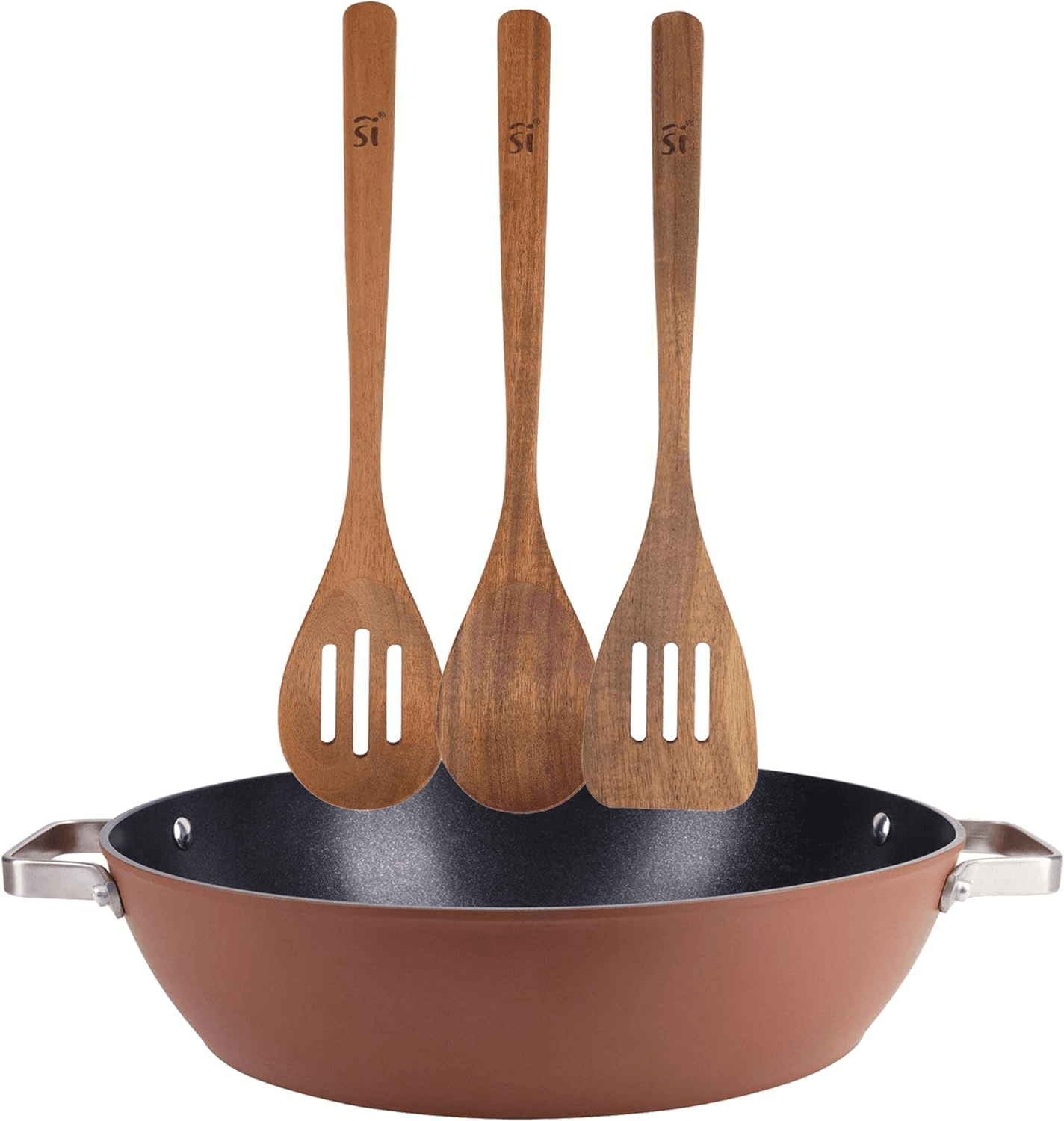 San Ignacio ▫️ Conjunto de tabuleiro em alumínio forjado Ø32x8cm + 3 utensílios de cozinha em madeira AGROS