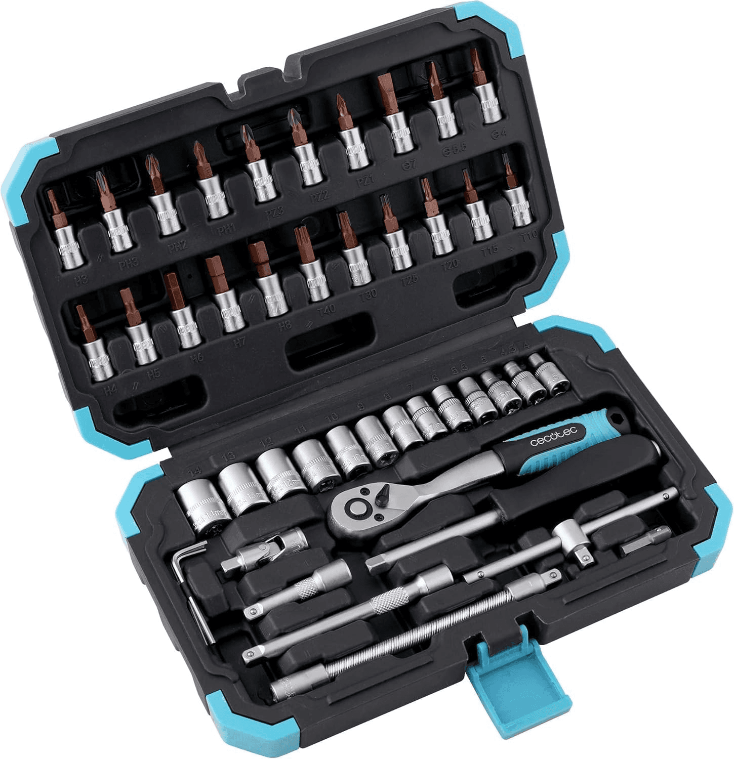 Cecotec ▫️ ToolBox KRK 2200 Mala de ferramentas com 46 peças. Catraca profissional de 72 dentes, soquetes CR-V para serviço pesado, brocas de aço S2, soquetes de aro, maleta para serviço pesado.