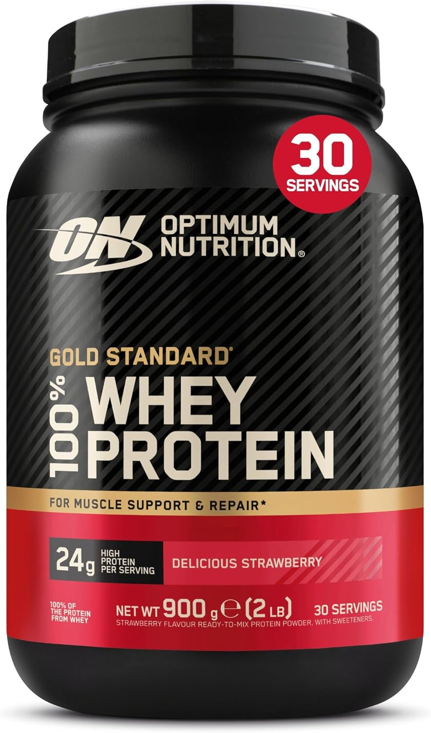 Optimum Nutrition ▫️ Gold Standard 100% Whey Protein Powder, Sabor Delicioso a Morango, 900g, 30 doses, as embalagens podem variar