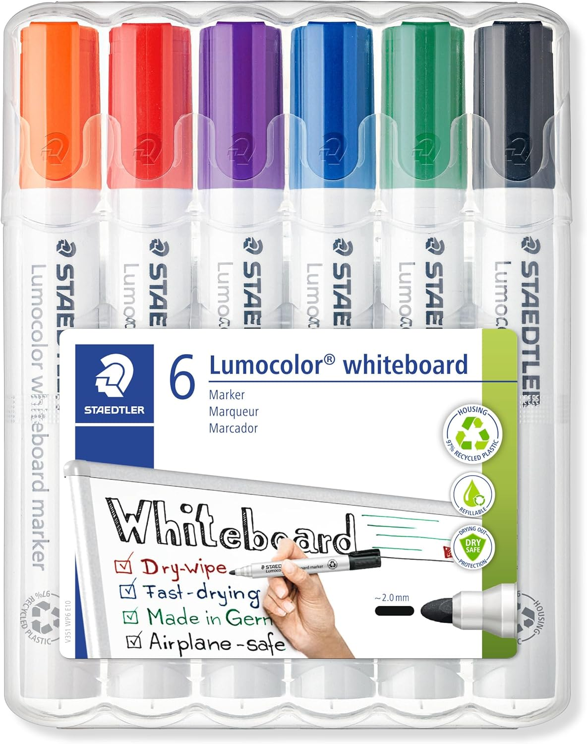 STAEDTLER ▫️ 351 WP6 - Marcadores de quadro branco Lumocolor, inodoros, de secagem rápida e recarregáveis, embalagem de 6 cores Sortido