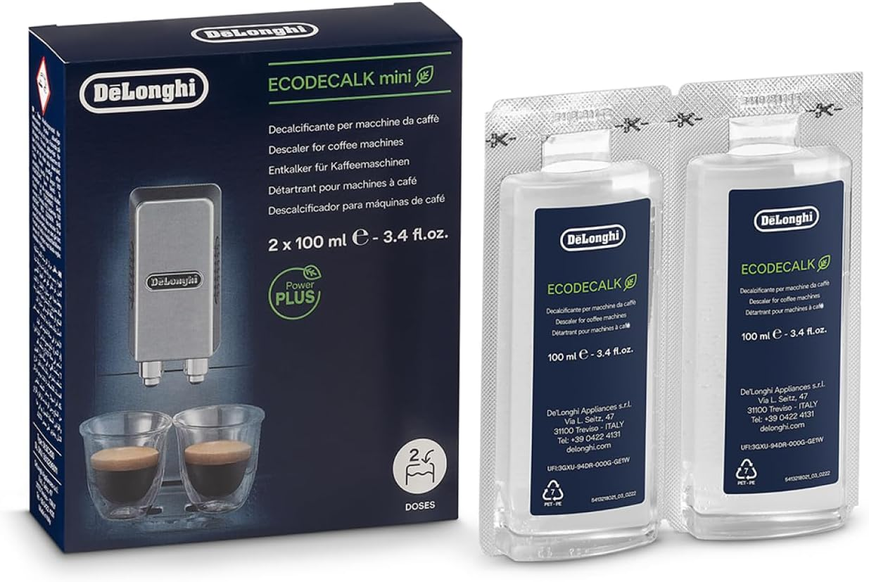 De'Longhi ▫️ EcoDecalk Mini Descalcificador DLSC200, 2 doses de descalcificação, descalcificador para máquinas de café, acessório de manutenção para máquinas de café, ingredientes à base de plantas, 2x100ml