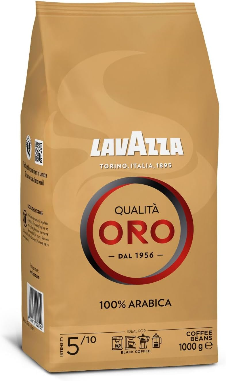 Lavazza ▫️ Qualità Oro, café natural em grão, ideal para máquina de café expresso, com notas aromáticas de frutas e flores, 100% arábica, intensidade 5, torrefação média, embalagem de 1 kg