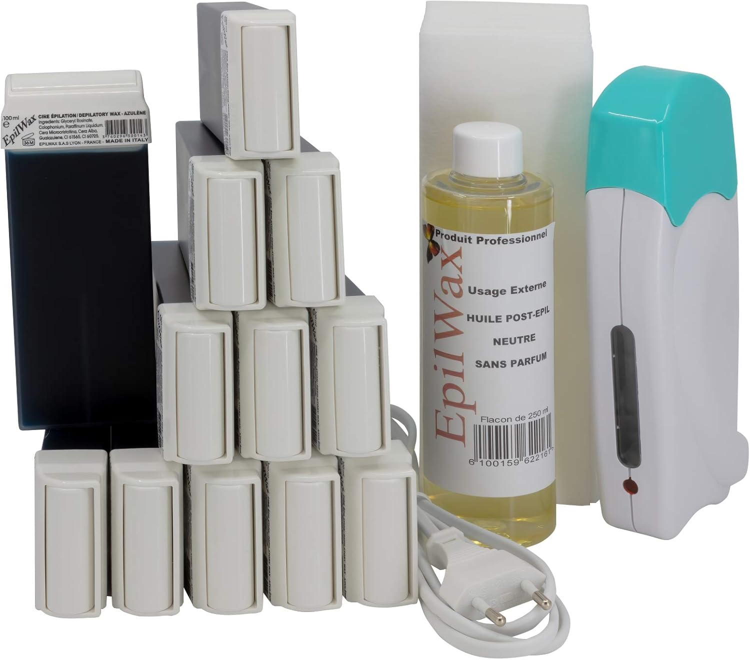 EpilWax ▫️ Kit de Depilação Aquecedor de Cera de Rolo Aquecedor de Cera Derretedor de Cera Profissional Tiras de Cera de Depilação Fácil: com 12 cartuchos de cera de enrolar 100 ml de cera Azulene, 1 embalagem de 100 tiras de depilação e 1 garrafa de 250 ml de óleo pós-depilatório (Modelo apenas 12