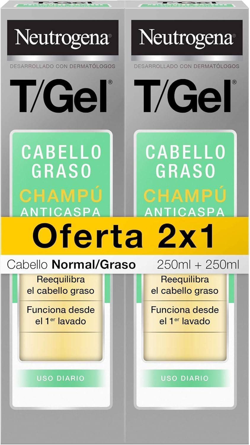 Neutrogena ▫️ T/Gel Champô Anti-Caspa de Uso Diário (2 x 250 ml), champô para cabelos oleosos, champô para cabelos com aspeto saudável, reduz a caspa desde a 1ª aplicação