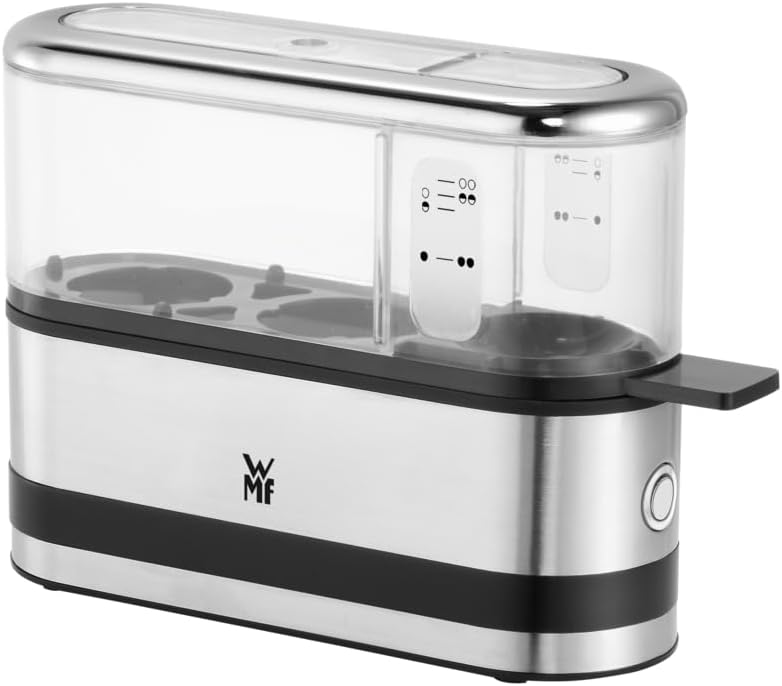 WMF ▫️ Kitchenminis - Panela para dois ovos 250 W, espaço para dois ovos, acabamento em aço inoxidável Chromargan® mate, tampa Tritan, jarro medidor de água e perfurador de ovos incluídos