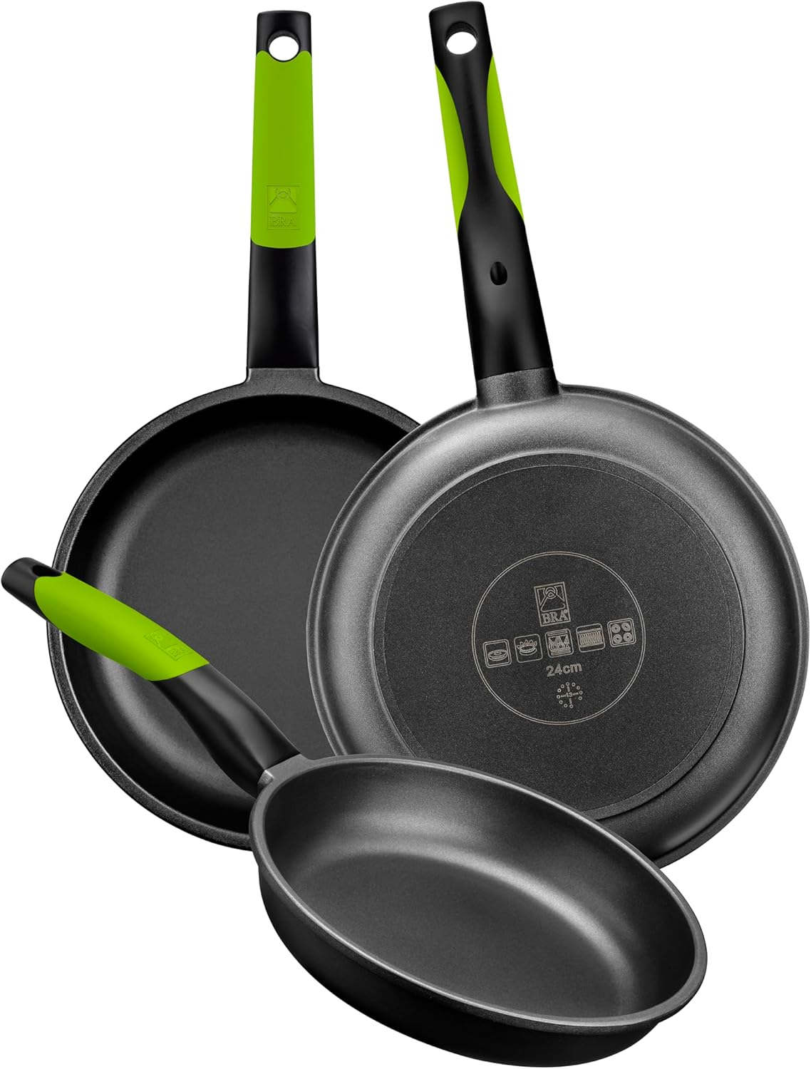 BRA ▫️ Conjunto de 3 frigideiras Prior, 18-22-26 cm, alumínio fundido antiaderente, com 2 individuais verdes seguros, adequado para todos os aparelhos de cozinha, incluindo placa de indução