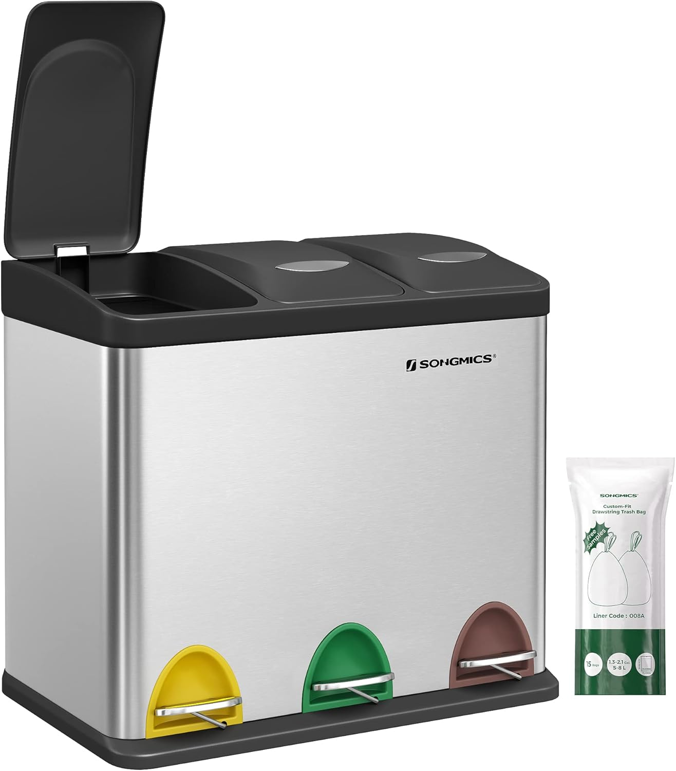 SONGMICS ▫️ Caixote do lixo de cozinha, 3 x 8 L caixote do lixo seletivo, pequena capacidade, com tampas, caixote do lixo triplo em aço para famílias pequenas, pedais e caixotes do lixo, prata e preto LTB24L