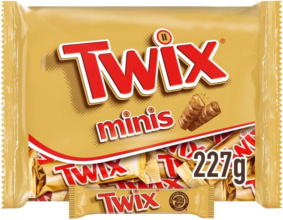Twix ▫️ Minis, Barras de Chocolate com Leite, Biscoito e Caramelo, Ideal como Caixa de Presentes de Natal ou Chocolates para Presentes de Natal, 227 g