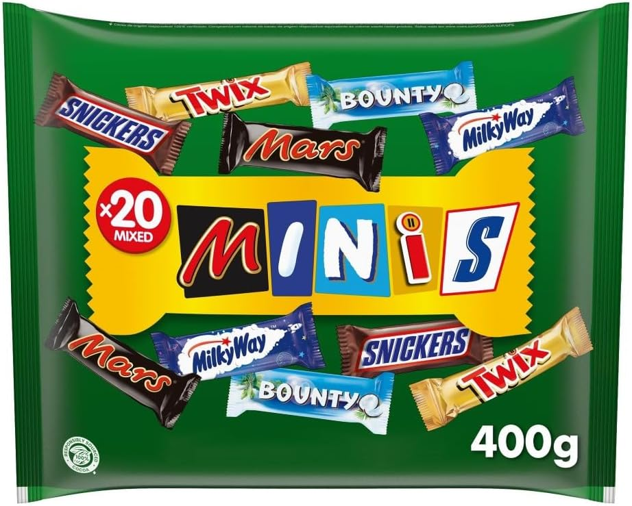 Mars ▫️ Mixed Minis, mini caixas de mistura de chocolates (Twix, Snickers, Bounty e Milky Way), desfrute de uma variedade de sabores de chocolate, ideal para oferecer, para a lancheira ou para partilhar, 400g