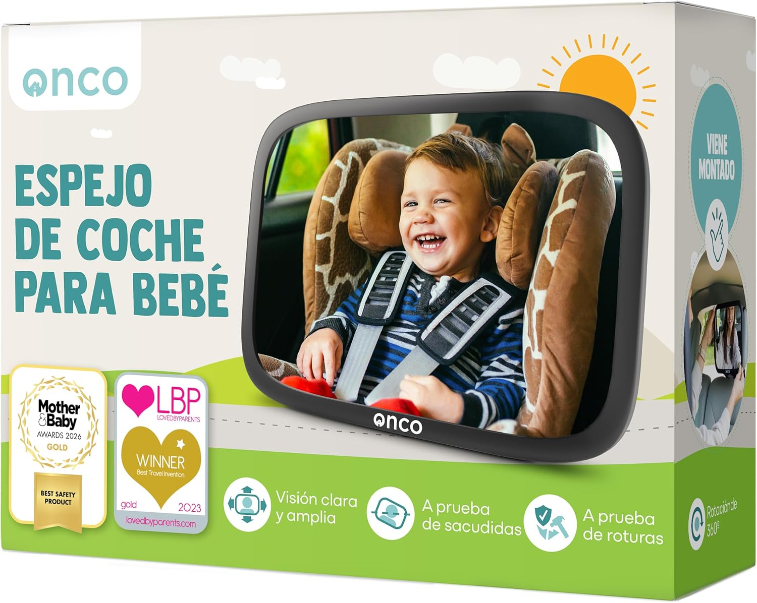 Onco ▫️ Baby Car Mirror Rear Seat - 100% inquebrável, espelho para carro de bebé, ajuste universal, rotação de 360°, resistente a vibrações