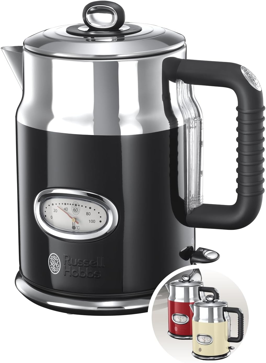 Russell Hobbs ▫️ Retro - Chaleira eléctrica (2400 W, 1,7l, aço inoxidável, preto) - ref. 21671-70