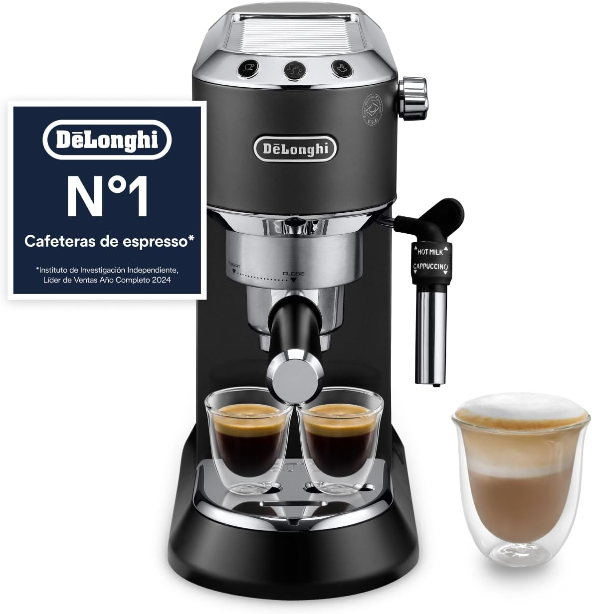 De'Longhi ▫️ Dedica - Cafeteira com bomba de aço inoxidável para café moído ou dose única, máquina de café expresso e cappuccino, reservatório de 1,3 litros, sistema anti-gotejamento, EC685.BK, preto