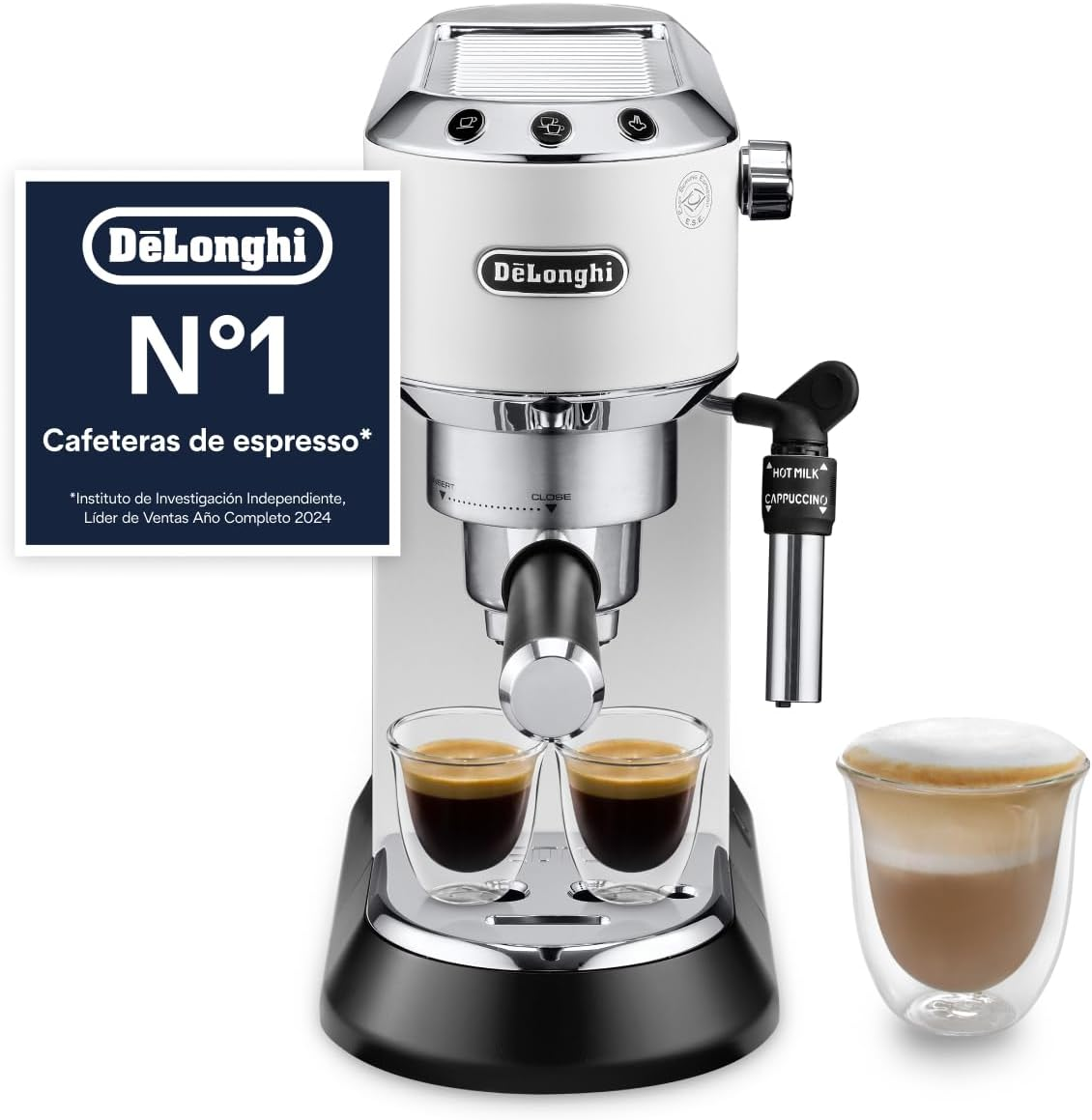 De'Longhi ▫️ Dedica - Cafeteira com bomba de aço inoxidável para café moído ou cápsulas, máquina de café expresso e cappuccino, reservatório de 1,3 litros, sistema anti-gotejamento, EC685.W, branco