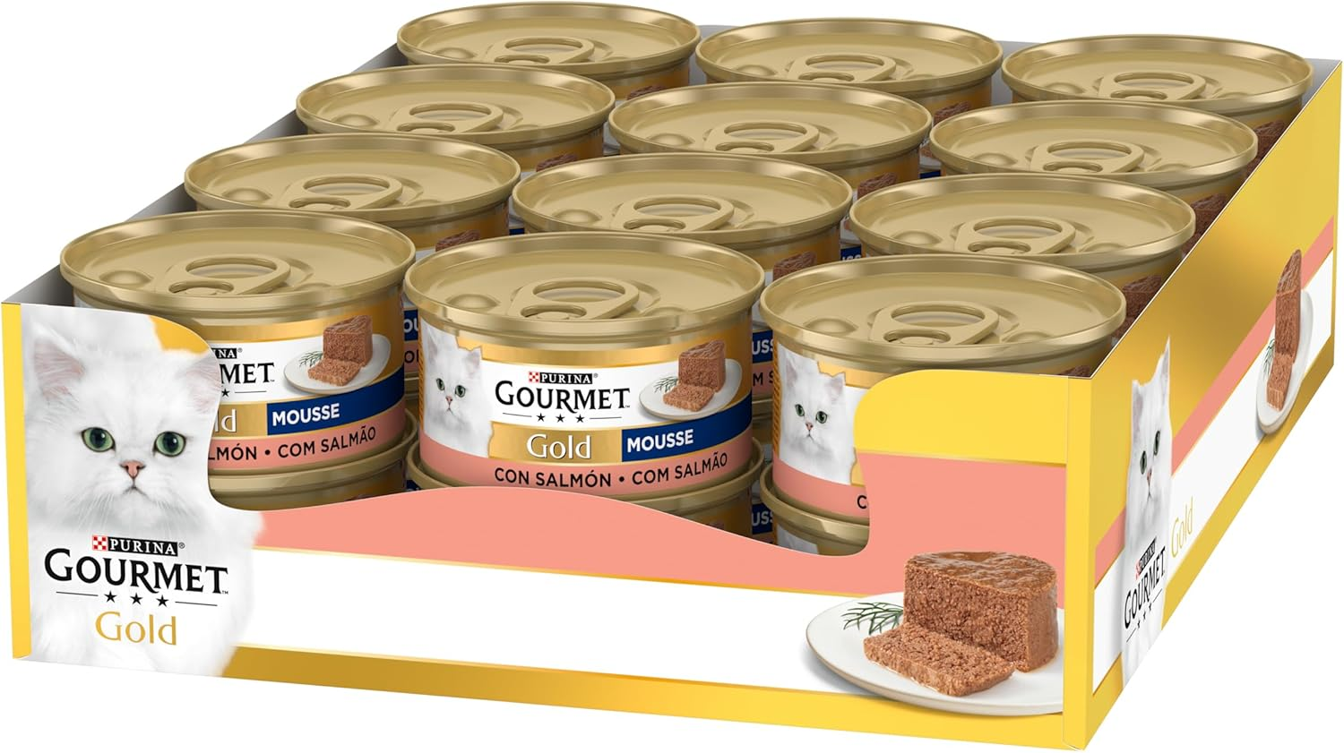 Gourmet ▫️ Gold Mousse, Ração para gatos adultos, Mousse de salmão, embalagem de 24 latas de 85 g