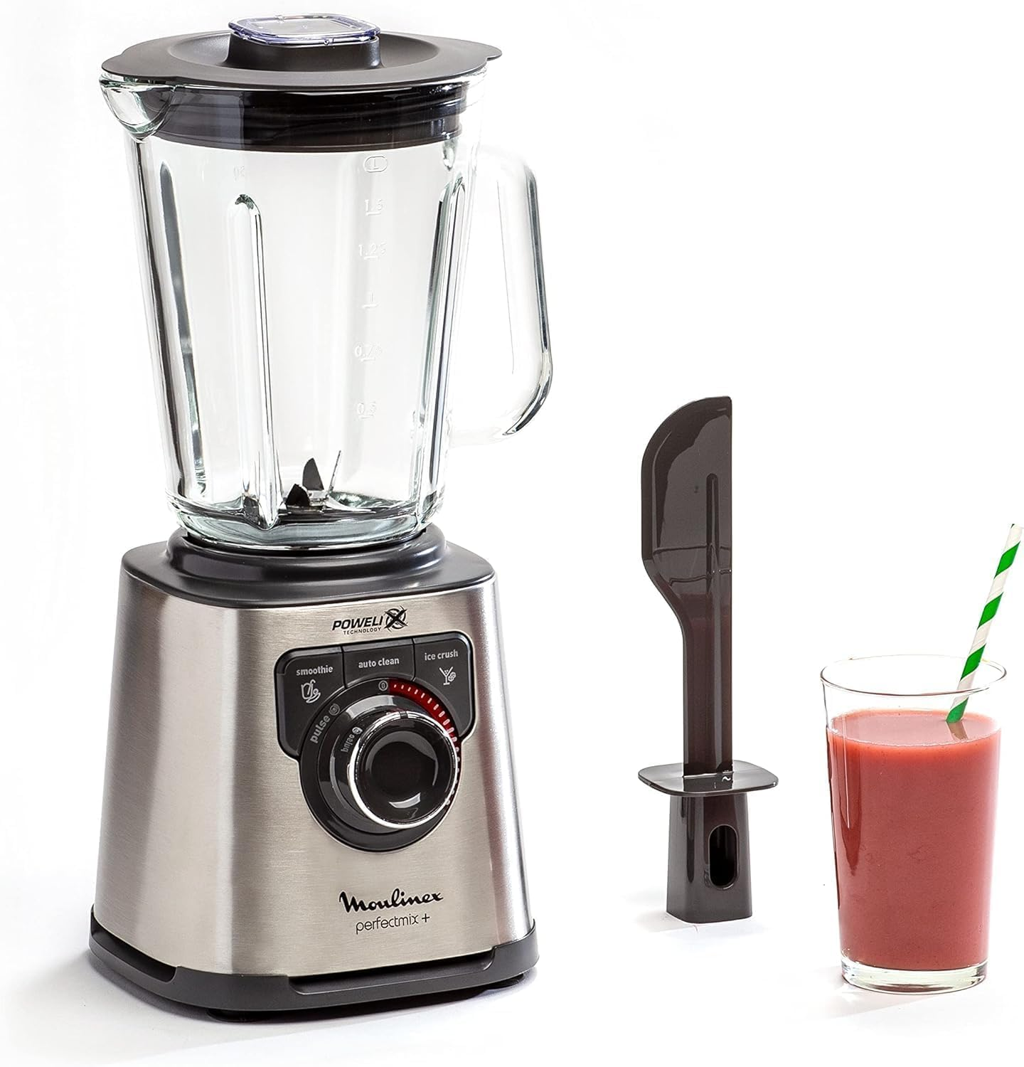 Moulinex ▫️ Perfect Mix+, varinha mágica de 1200 W, jarro de vidro resistente, acabamento em aço inoxidável, seletor de velocidade retroiluminado, 3 programas automáticos, modo manual e limpeza automática, LM811D