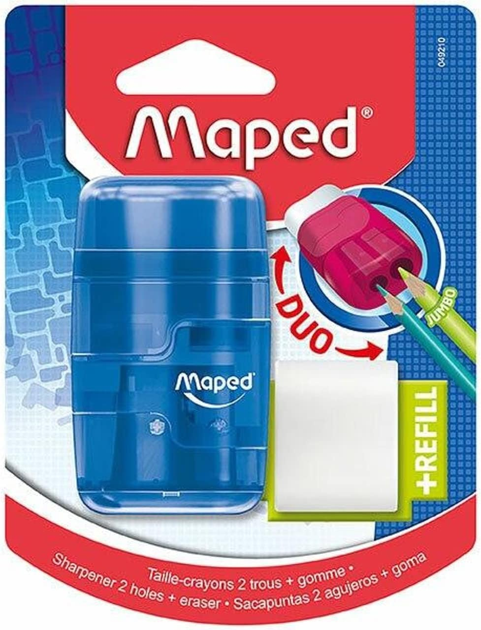 Maped ▫️ Material Escolar - Afia Lápis DUO + Borracha Connect - 2 furos para afiar - Afia Lápis com Compartimento para Aparas - Inclui Borracha de Substituição - 3 Padrões Translúcidos