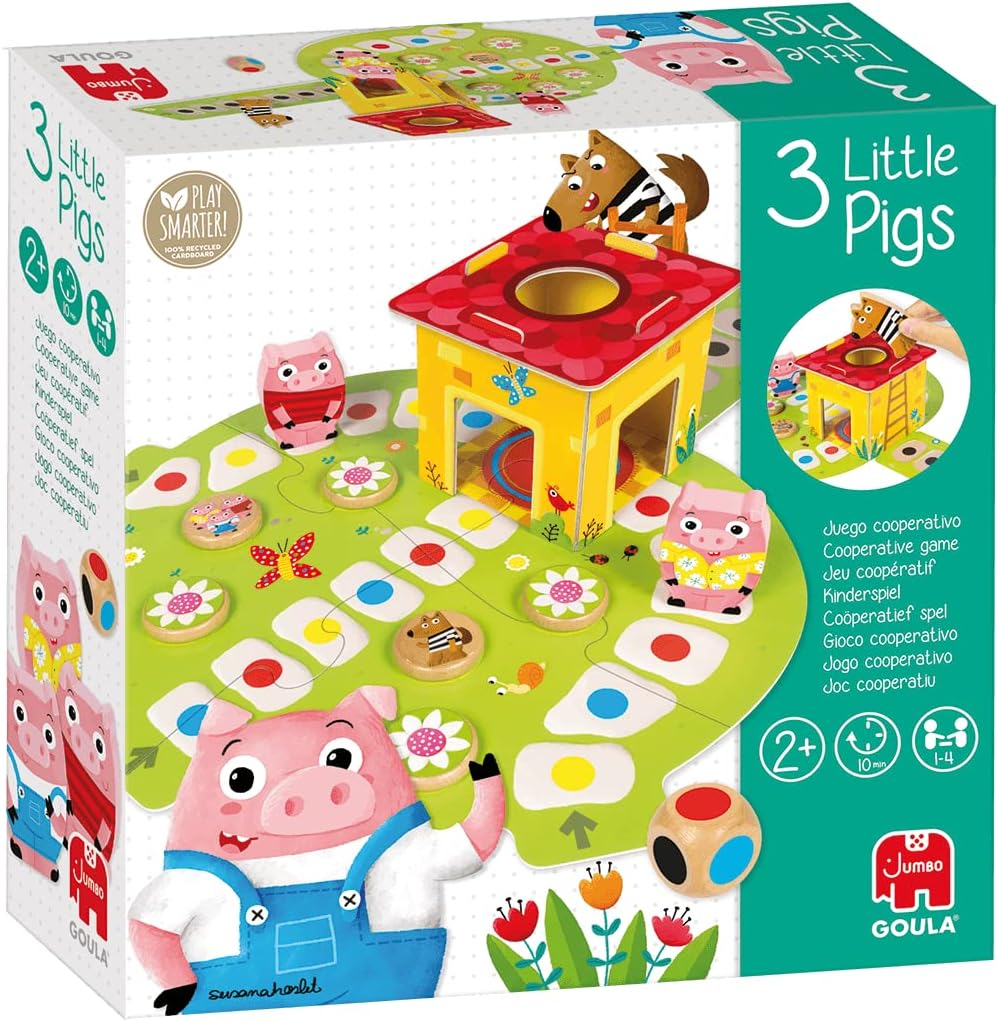 Goula ▫️ Os 3 Porquinhos: Jogo de tabuleiro educativo pré-escolar para crianças com mais de 2 anos, jogo infantil para 1 a 4 jogadores com peças de madeira e tabuleiro de puzzle - Brinquedos para crianças de 2 anos